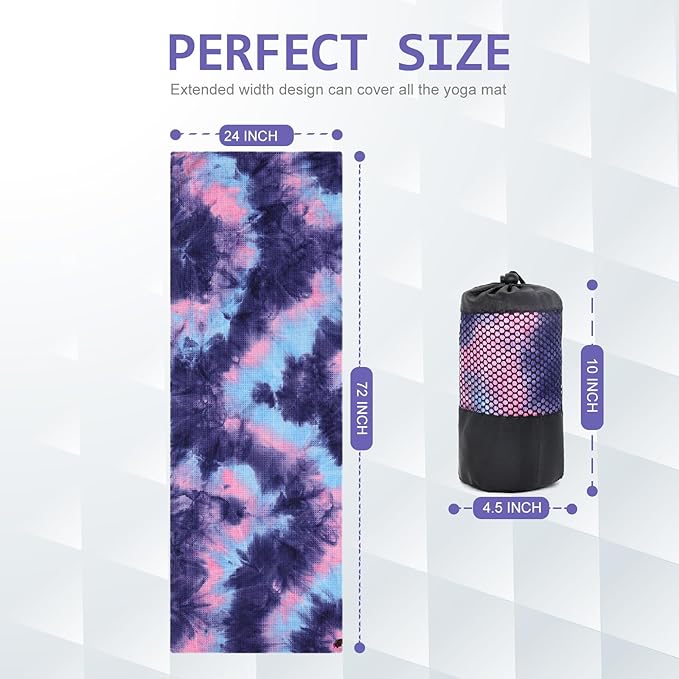 Eunzel 2 Pack Yoga Towel,Hot Yoga Mat Towel with Grip Dots Sweat Absorbent Non-Slip for Hot Yoga, Pilates and Workout 24" x72，Purple & Blue (2 Pack)