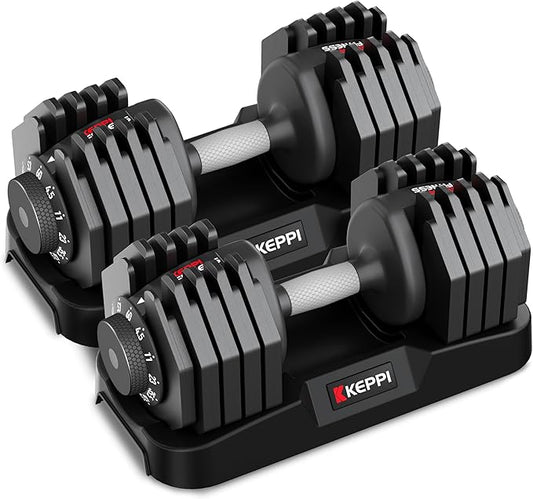 Keppi Adjustable Dumbbells Set-25lb/40lb/55lb/60lb, Anti-Slip Metal Fast Adjust Weight Handle, Exercise & Fitness for Full Body Workout - Adjustable Dumbbell Series