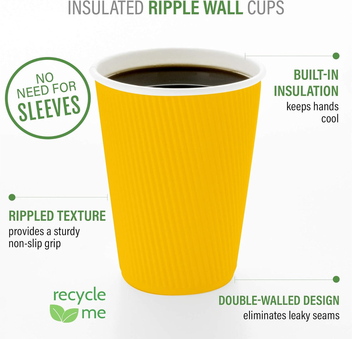 Restaurantware-4 Ounce Paper Coffee Cups, 25 Ripple Wall Disposable Paper Cups - Leakproof, Recyclable, Yellow Paper Hot Cups, Insulated, Matching Lids Sold Separately