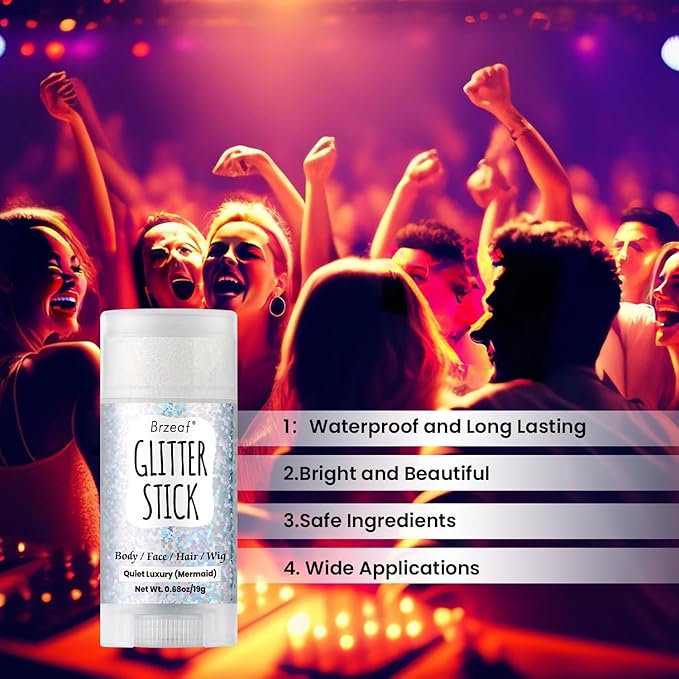 Brzeaf Waterproof Mermaid Glitter Stick, Shimmery& Long Lasting, Hair Eyeshadow Face Body Glitter, Singer Concert Music Rave Festival, Glitter Stick Makeup for Women Men