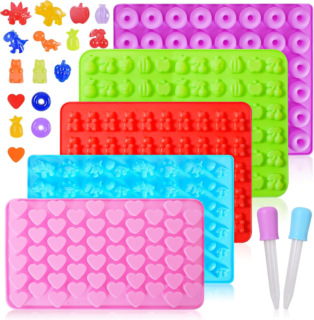 Silicone Gummy Bear Molds,5Pcs Non-stick Chocolate Candy Molds with 2 Droppers Including Mini Dinosaur, Bear Shape, Hearts, Fruit and Mini Donut