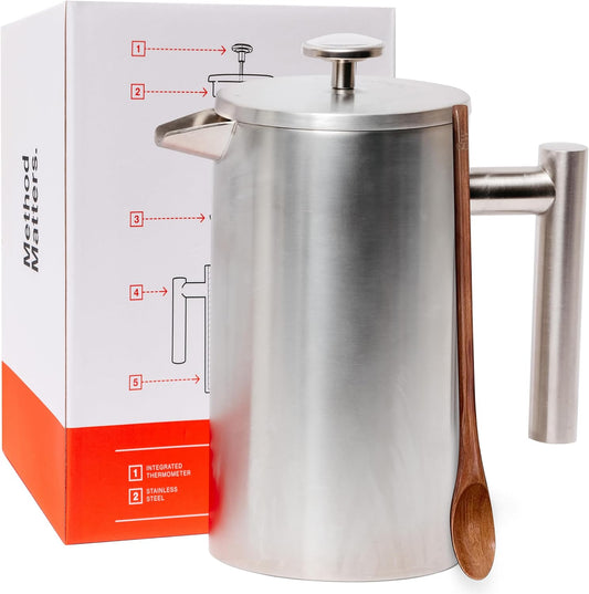 Barista Warrior French Press with Thermometer - Insulated Coffee Press - Stainless Steel Coffee Maker (1.0L, 34 fl oz, Silver)