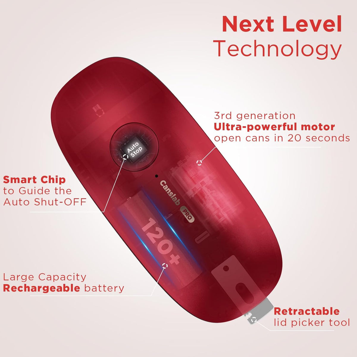 Ultrablade PRO Auto Stop Can Opener - Rechargeable Electric Can Opener for Kitchen for Seniors with Arthritis- One touch Side Cut Can Opener, Smooth Edge, Handfree, Portable Small Size, Red