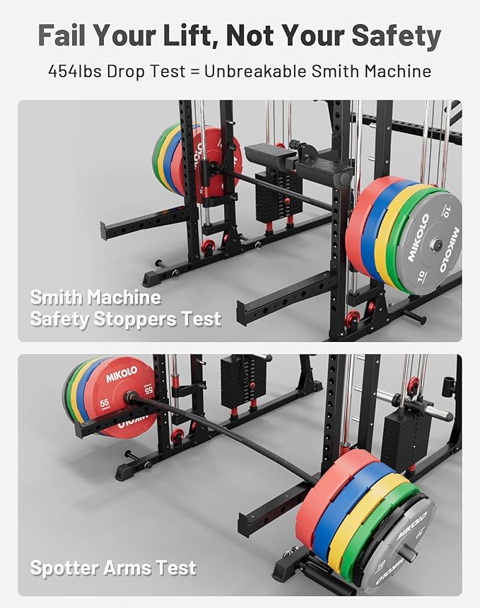 Mikolo Smith Machine, 2200lbs Squat Rack with LAT-Pull Down System & Cable Crossover Machine, Training Equipment with Leg Hold-Down Attachment