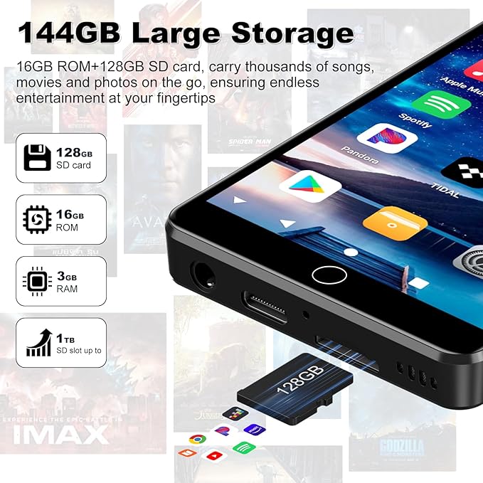 144GB MP3 Player with Bluetooth and WiFi, Android 13 OS MP3 & MP4 Players with 4" Touchscreen and Speaker, Spotify Music Players with Pandora, Audible, Amazon Music, Play Store