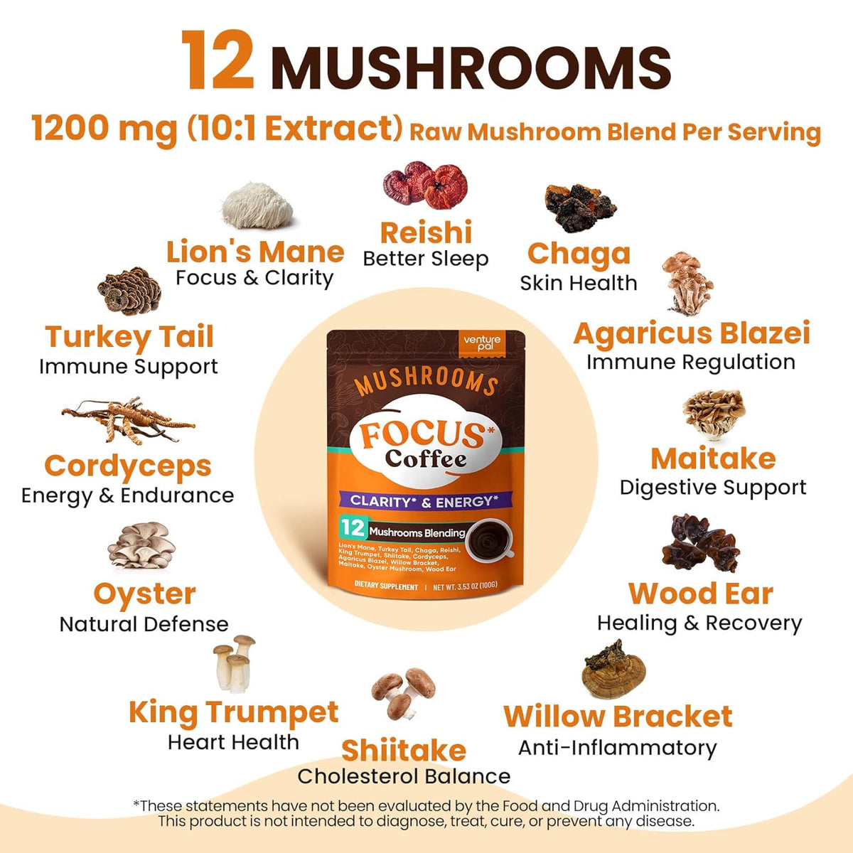 Venture Pal Mushroom Coffee with 12 Adaptogenic Functional Mushrooms with Ashwagandha, Lion's Mane, Chaga and Probiotics, 1200mg Mushrooms Instant Coffee for Focus, Digestion & Immunity - 40 Servings