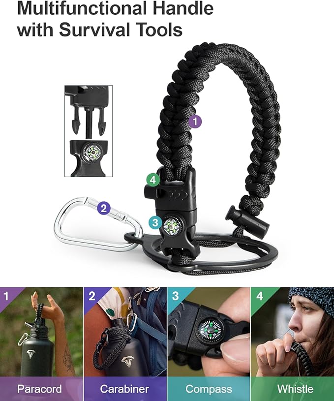 64oz Insulated Water Bottle,Half Gallon Water Flask Stainless Steel Vacuum, Cold for 48 Hrs,BPA-Free & Leakproof -with Paracord Handle,Strap,Straw Spout Lids,Large Jug for Gym Sports,Black