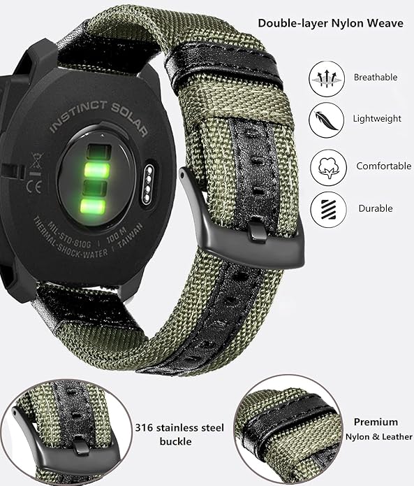 22mm Military Nylon Watch Bands for Garmin Instinct/Instinct 2 Solar, Durable Fabric Sport Strap Replacement Wristband Bracelet for Garmin Instinct Tactical/Esports/Tide/Instinct Solar