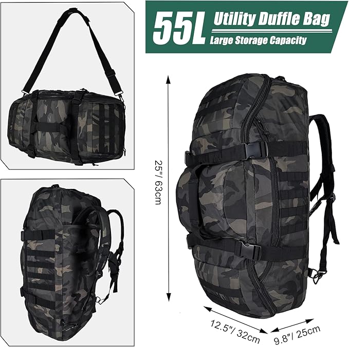 55L Large Duffle Bag, 3-in-1 Tactical Backpack MOLLE Pack for Gym, Sports, Outdoor, Black Camo