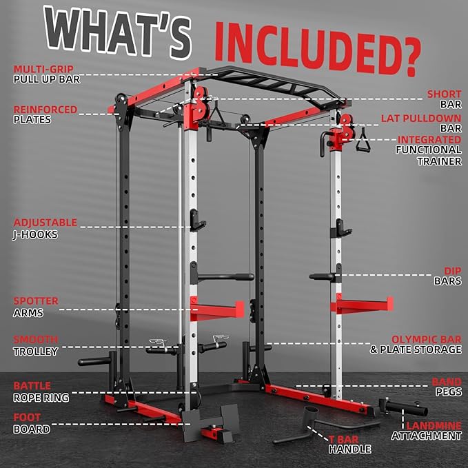 Smith Machine, Power Rack with LAT Pulldown System, Power Cage with Cable System, Squat Rack for Home Gym with Chest Press Machine, Spotter Arms, Leg Curl Attachment and More