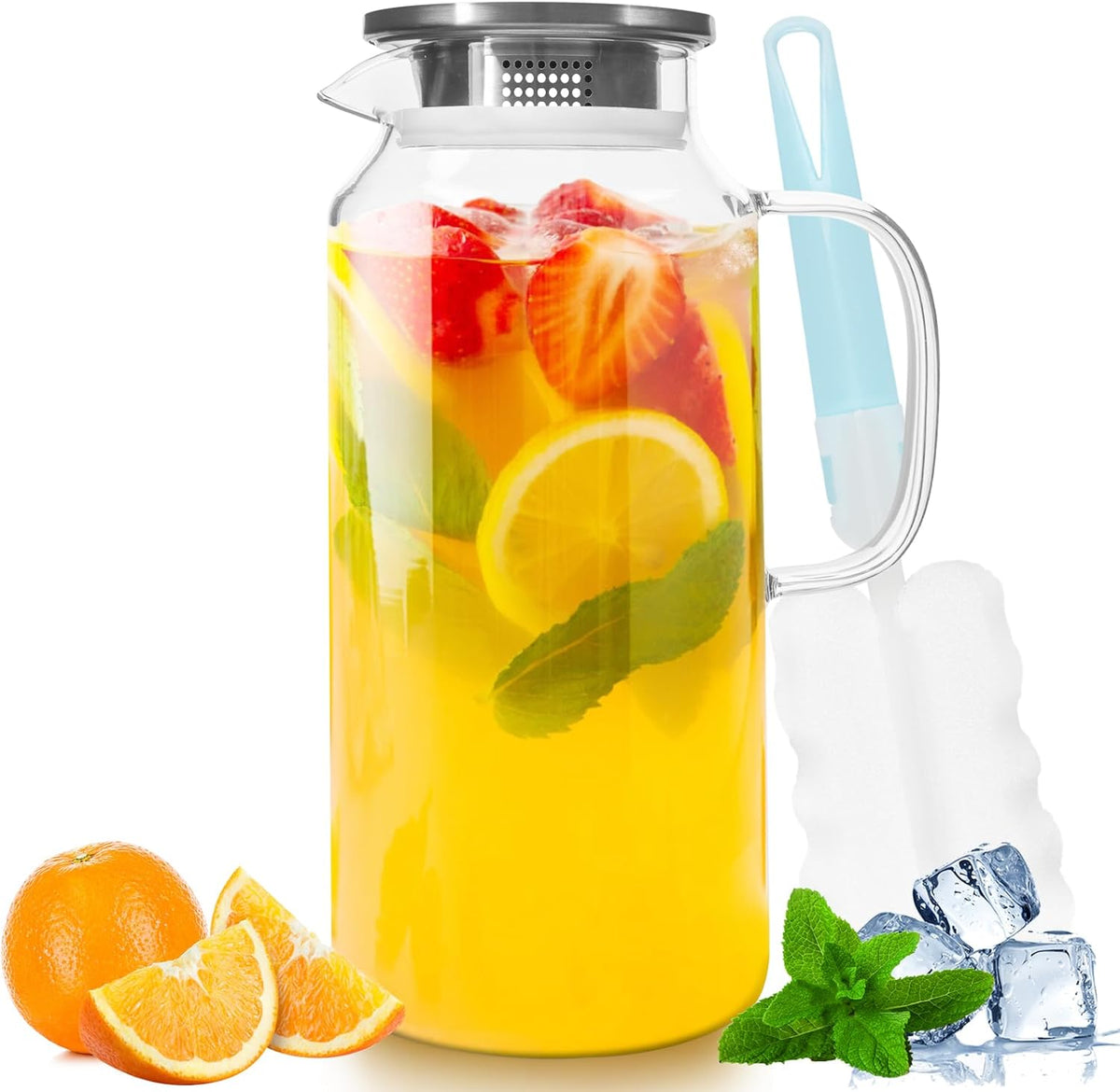Yirilan Glass Pitcher, 1.8 Liter Water Pitcher with Lid, Beverage Pitchers for Hot, Cold Water, Iced Tea and Juice Drink with Cup Brush