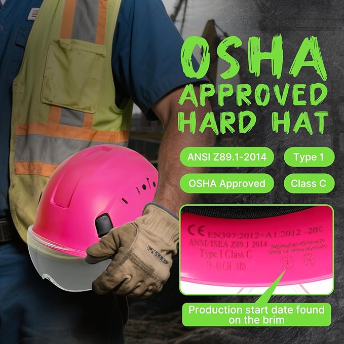 Aolamegs Pink Hard Hats for Women OSHA Approved - ANSI Z89.1 Construction Safety Hard Hat with Clear Visor, Adjustable Vented Cascos De Construccion Work Hardhats, 6 Point Ratcheting Hardhat