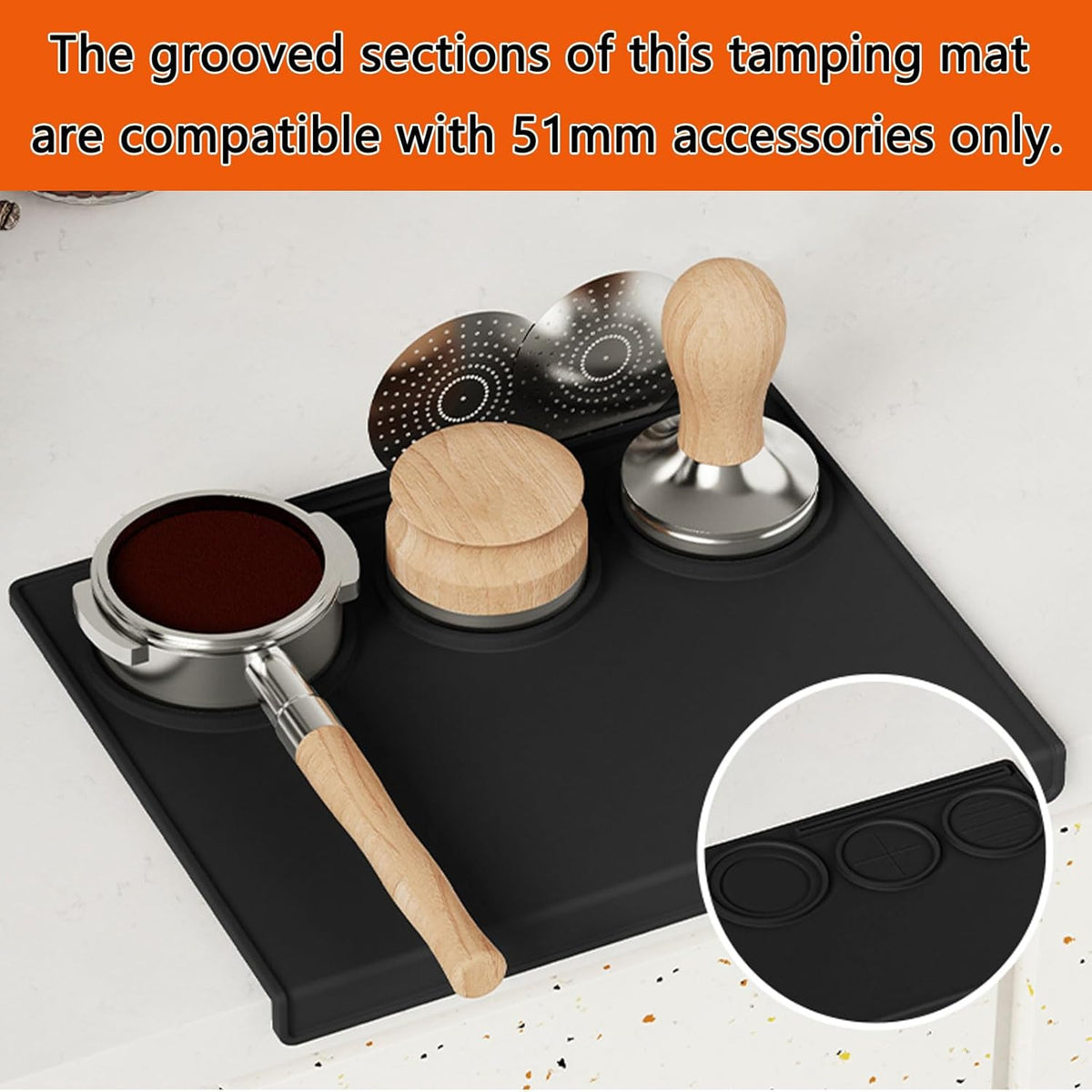 Espresso Tamping Mat, Silicone Coffee Tamping Mat with Three Grooved Sections Suitable for 51mm Tamper and Coffee Distributor, Espresso Accessories Tool for Baristas, Black