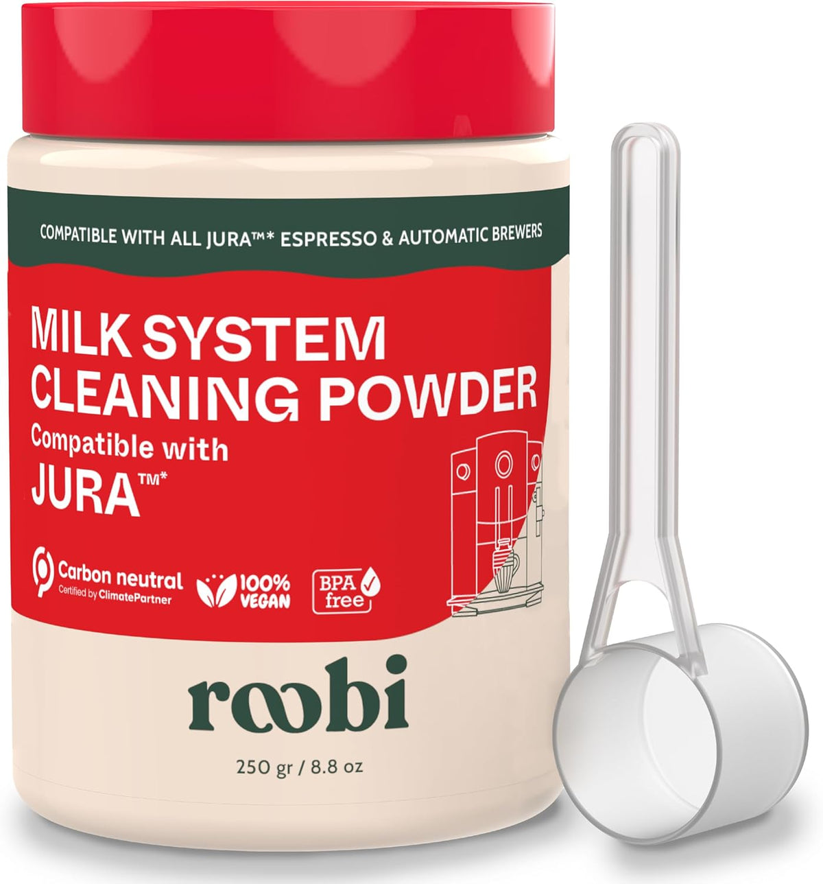 Roobi Compatible Milk System Cleaning Powder for Jura. Specially formulated for Jura Automatic Espresso Coffee Machines. 100% Vegan, Carbon Neutral.