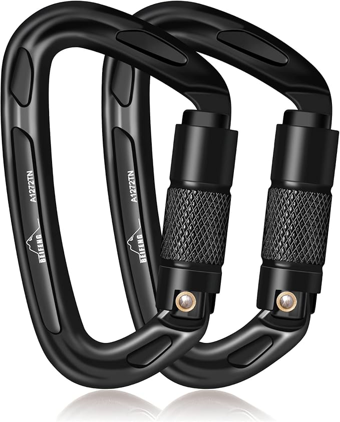 BEIFENG 25KN Auto Locking Carabiner - UIAA Certified Heavy Duty Climbing Carabiners for Rock Climbing, Camping, Rappelling, Hunting, Rescue Equipment - Professional Carabiner Clips (Black)