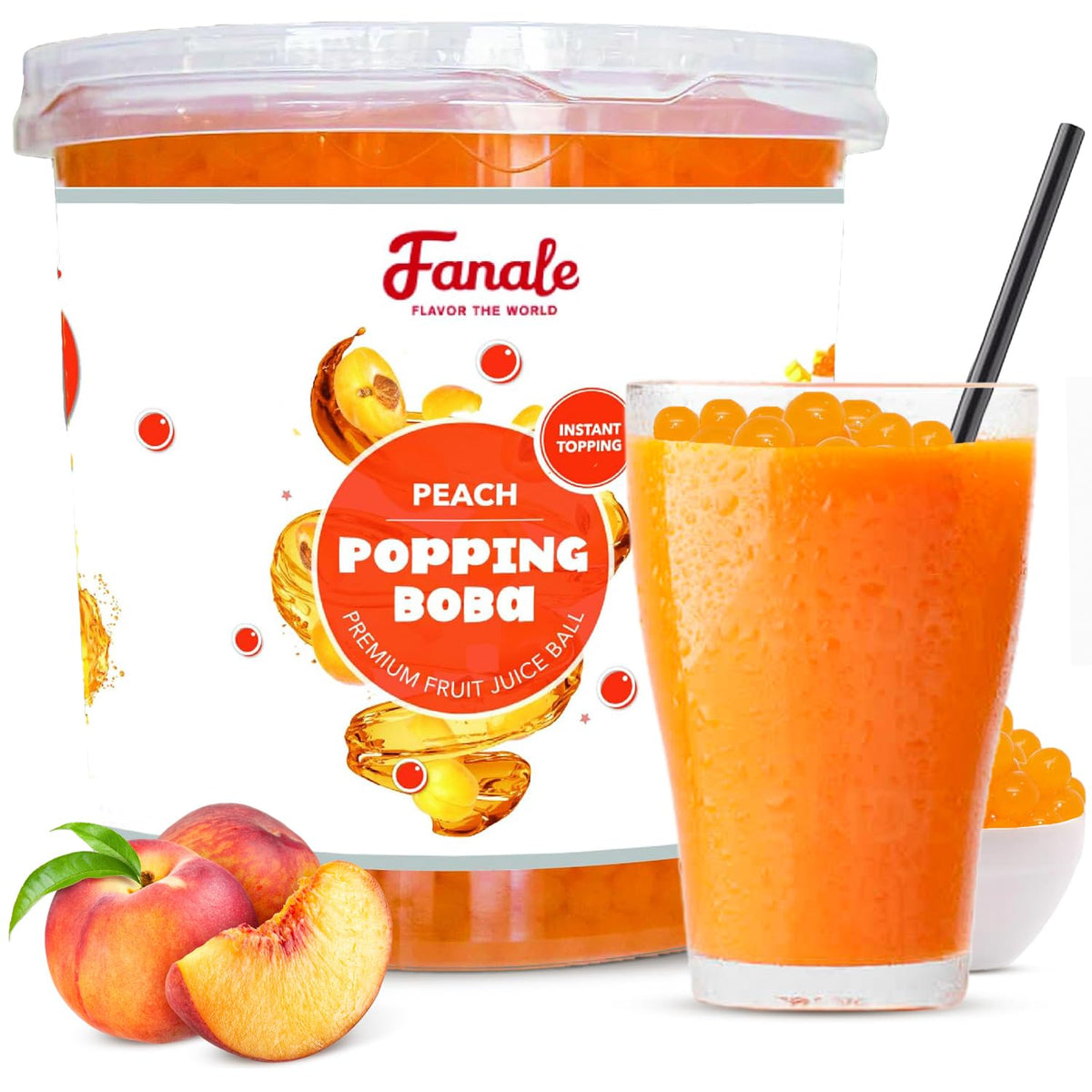 Fanale Peach Popping Boba Pearls, Vegan, Non GMO, Gluten Free, Fat Free, Perfect for Bubble Tea, Smoothies, Ice Cream, Desserts, and Beverages | FPB010
