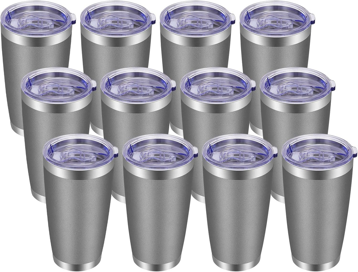 VEGOND 20oz Tumbler with Lid and Straw Stainless Steel Tumbler Cup Bulk Vacuum Insulated Double Wall Travel Coffee Mug Powder Coated Coffee Cup(Grey 12 Pack