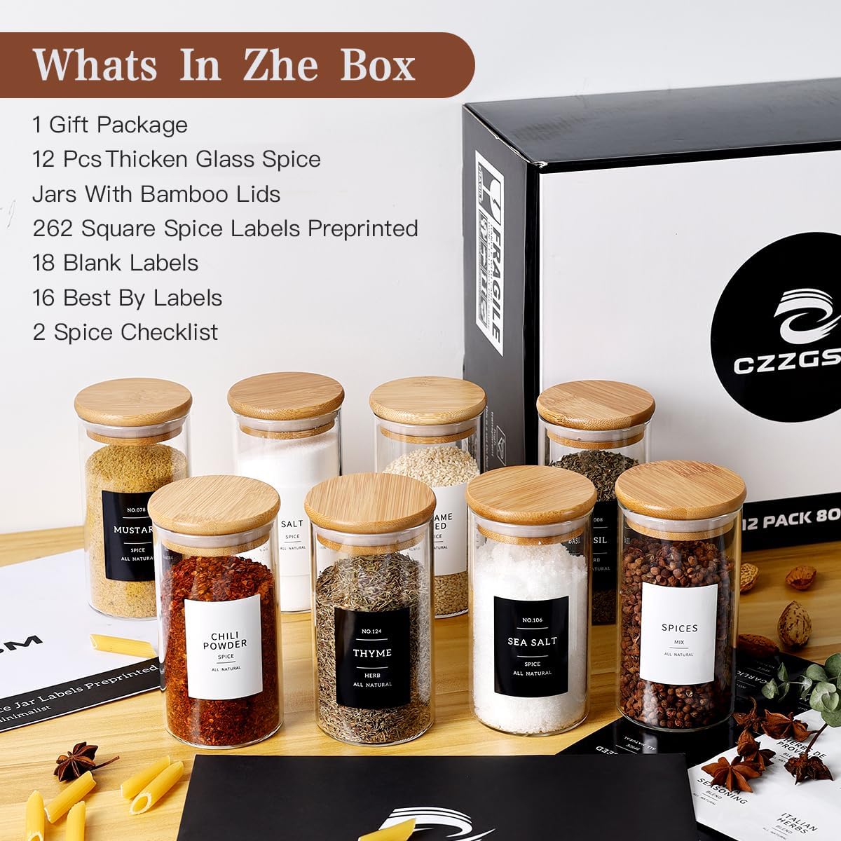 12 Pcs Glass Spice Jars With 296 Spice Labels Preprinted of White and Black Color- 10oz Thicken(2.4mm) Spice Containers With Bamboo Airtight Lids - Empty Small Herb Seasoning Jars
