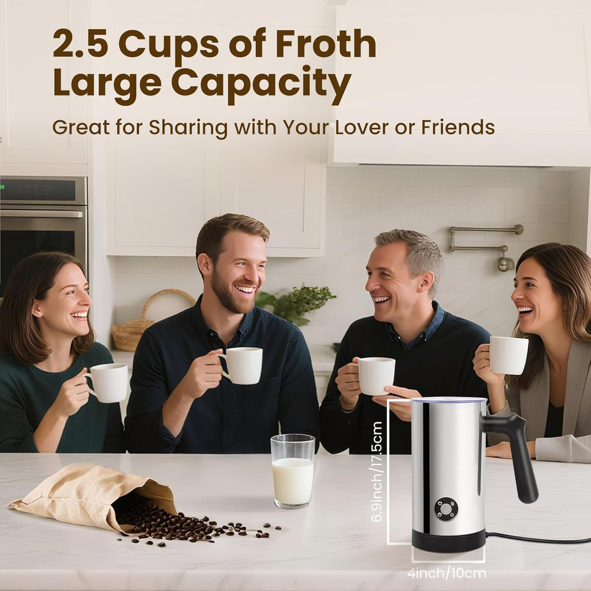 Milk Frother, 4-in-1 Milk Frother and Steamer, 10.6oz Electric Milk Steamer, Automatic Cold and Hot Foam maker for Lattes, Cappuccinos, Non-stick Coating Interior (Polished)