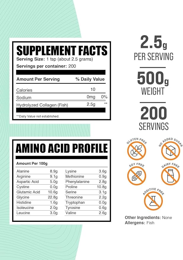 BulkSupplements.com Marine Collagen Powder - Marine Collagen Peptides Supplement, for Hair, Skin, & Nails - Hydyrolyzed & Gluten Free, 2.5g per Serving, 500g (1.1 lbs) (Pack of 1)