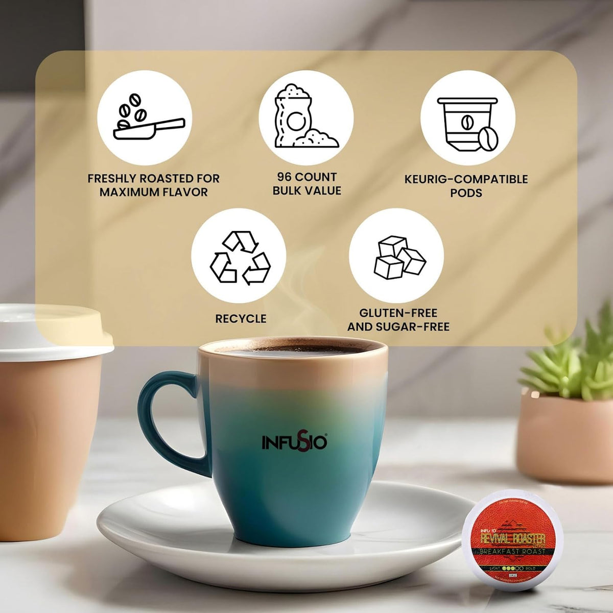 InfuSio Coffee Pods – 96 Count, Breakfast Blend (Medium Roast Coffee) Single Serve Coffee Pods for Keurig K Cup® Brewers, Compatible with Keurig 2.0 Brewers