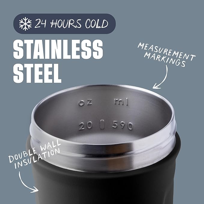 BlenderBottle Strada Shaker Cup Insulated Stainless Steel Water Bottle with Wire Whisk, 24-Ounce, Black