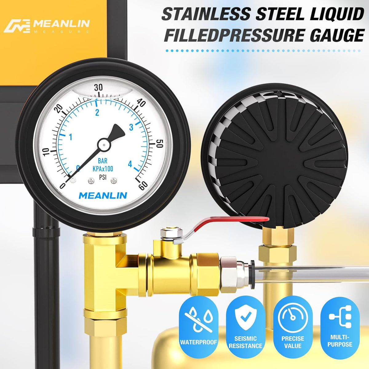 MEANLIN MEASURE 0~60Psi Stainless Steel Liquid Filled Pressure Gauge 1/4" NPT 2.5" FACE DIAL with Rubber Protective Sleeve, Lower Mount