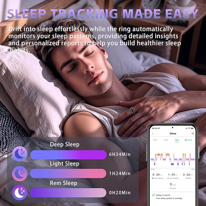 Activity Tracker Ring for Men – Smart Ring with Heart Rate, SpO2, Blood Pressure, Sleep Monitoring, Step & Calorie Counter, 5ATM Waterproof, No Subscription Fee (Black, 8)