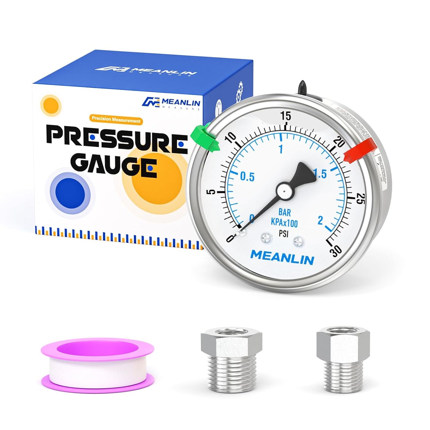 MEANLIN MEASURE 0~30Psi Stainless Steel Liquid Filled Pressure Gauge 2.5" FACE DIAL 1/4" NPT for Pool Sand Filter Water Oil Air Pressure Test Back Mount with Stainless Steel Hex Bushing and Snaps
