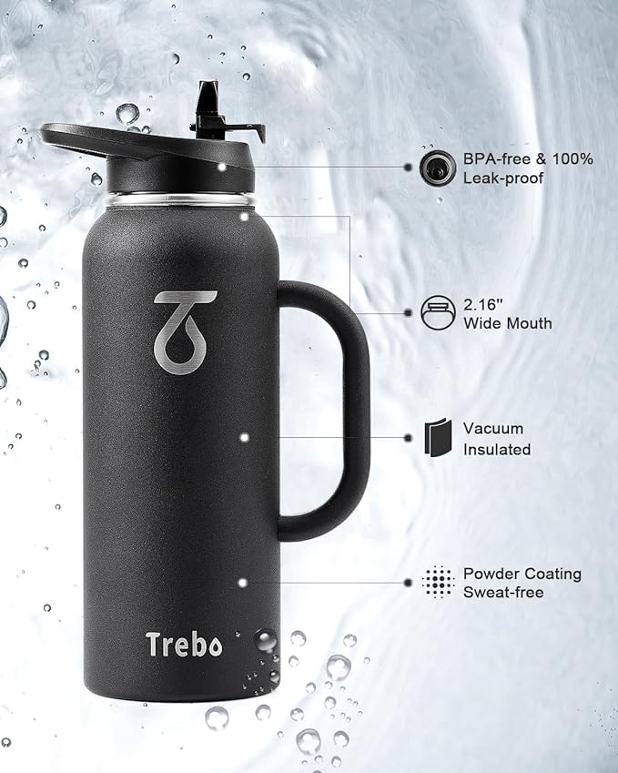 Trebo 40oz Water Bottle Insulated with Handle, Stainless Steel Metal Large Jug,Travel Flask with Straw Spout Lid,Mug Tumbler Cup with Carry Pouch,Keep Cold Hot, Indigo Black