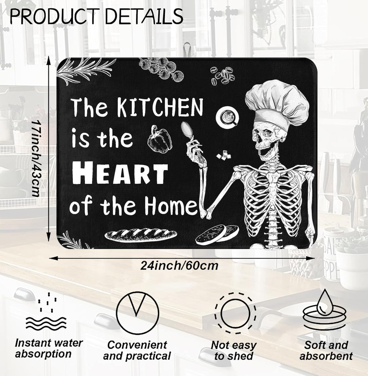 Halloween Skeleton Dish Drying Mat 18 X 24 Inch The Kitchen Is The Heart Of The Home For Kitchen Counter Reversible Dish Drying Pad Water Absorbing And Drying Mat For Kitchen Coffee Bar Decoration