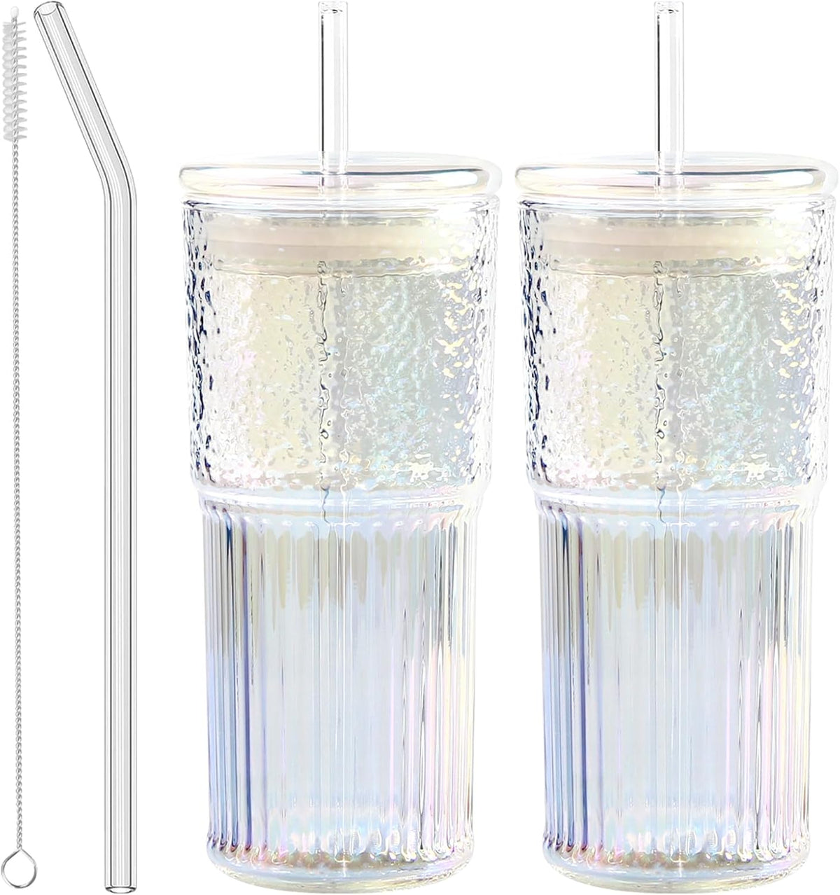 Glass Cups with Lids and Straws, 20 OZ Multi Iced Coffee Glasses Tumblers for Ice Water, Juice, Tea, Milk, Smoothie and Cold or Hot Drinks, Set of 2