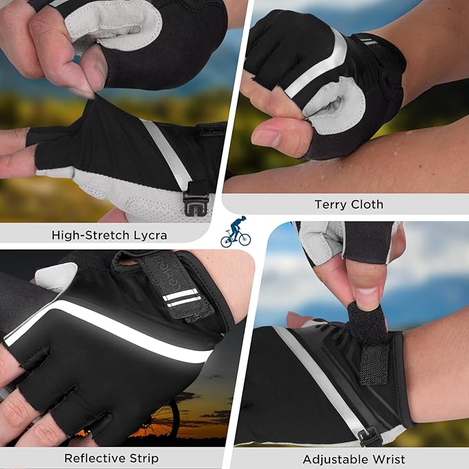 Bike Cycling Gloves - Men & Women, Anti-Slip, Shock-Absorbing Mountain Bike Gloves with Breathable Fabric & Reflective Strips