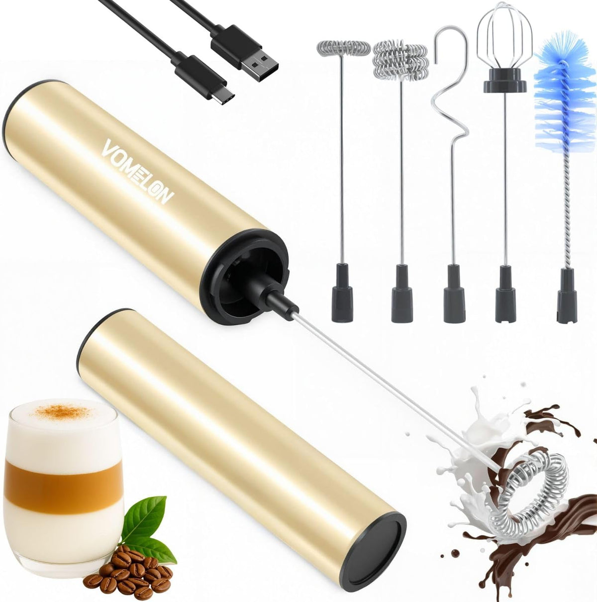Rechargeable Milk Frother Handheld Electric Frother Wand Milk Foamer Drink Mixer for Coffee, Lattes, Cappuccino, and Egg, Stainless Steel for Travel-Beige