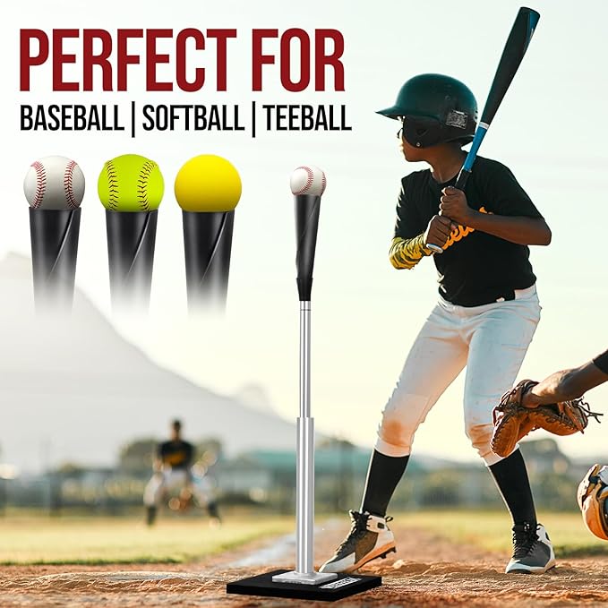 Batting Tee for Baseball/Softball, Premium Hitting Tee with Handrolled Rubber Top,Aluminum Stem,Metal Base,Easy Setup Baseball Tee Height Adjustable 24-46 inch for Kids and Adults
