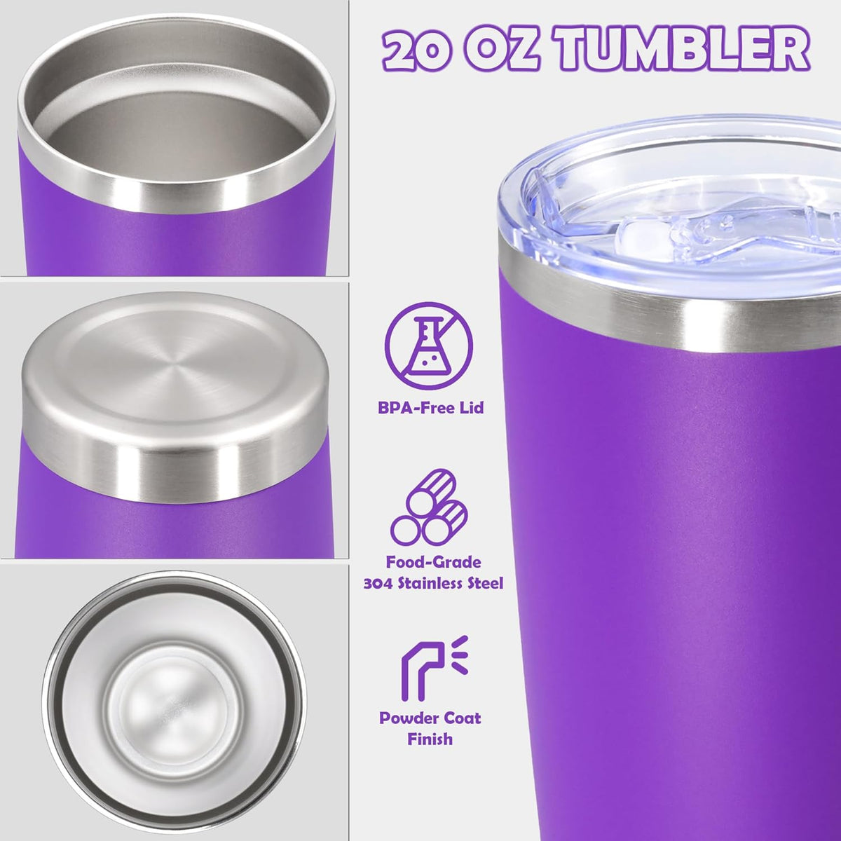 20oz Tumbler Bulk Stainless Steel Tumbler Cup with Lid Vacuum Insulated Double Wall Travel Mug, Durable Powder Coated Travel Coffee Tumbler Mug for Hot & Cold Drinks, Purple,8 Pack