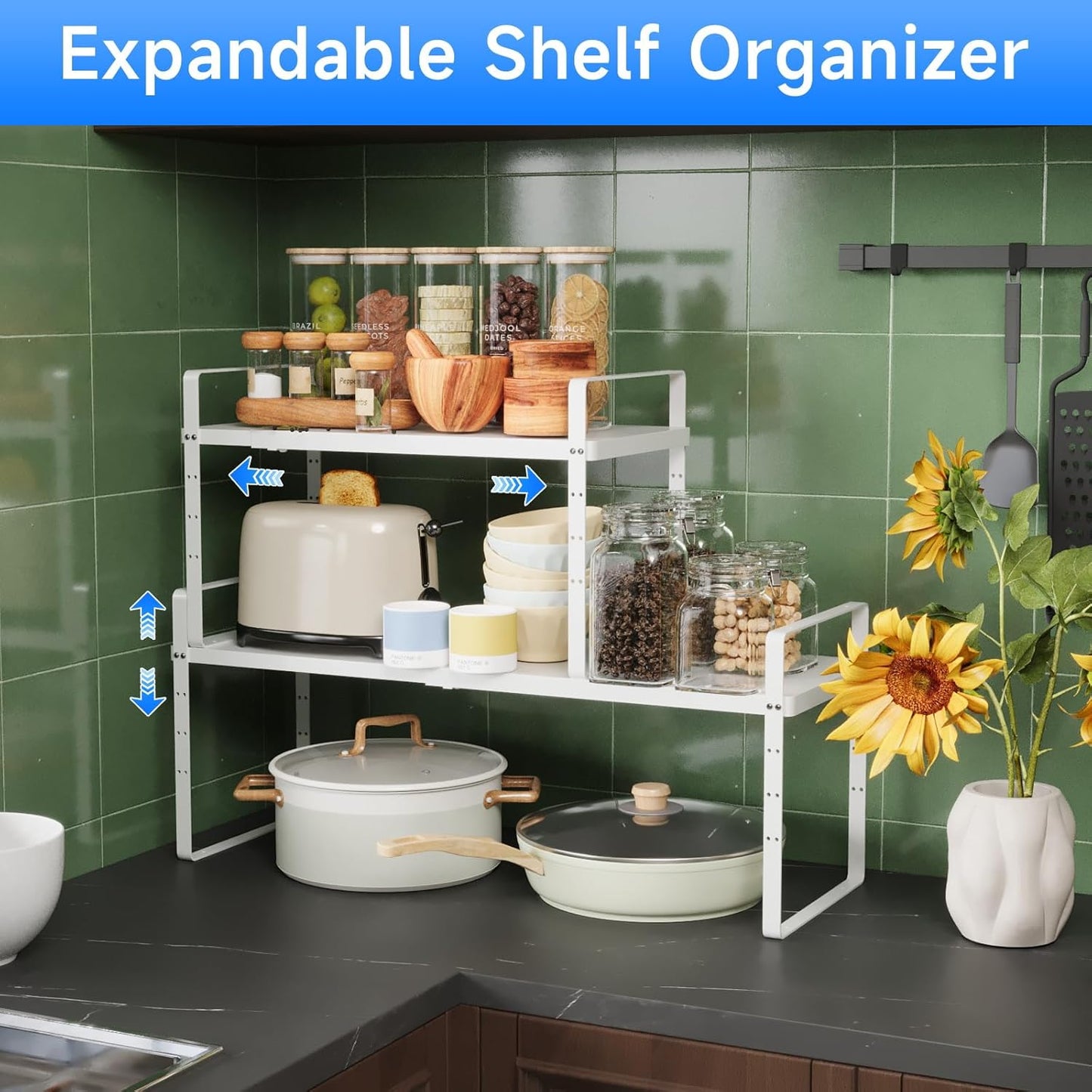 Expandable Cabinet Shelf Organizer, Stackable Kitchen Pantry Counter Storage, Adjustable Closet Cupboard Stand Rack Risers Spice Organization 80LBS Heavy Duty White Small 2 Pack