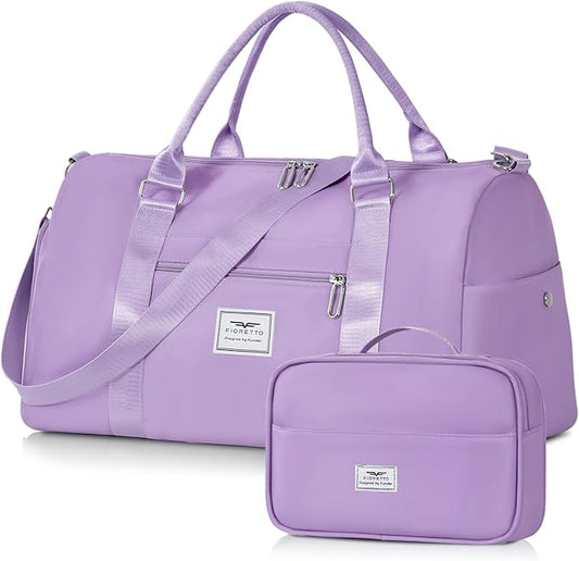 FIORETTO Womens Gym Tote Duffle Bag with Toiletry Bag, Sports Duffel Overnight Hospital Workout Carry on Bag for Girls with Wet Pocket & Shoe Compartment, Ideal for Travel, Swimming, Dance Purple