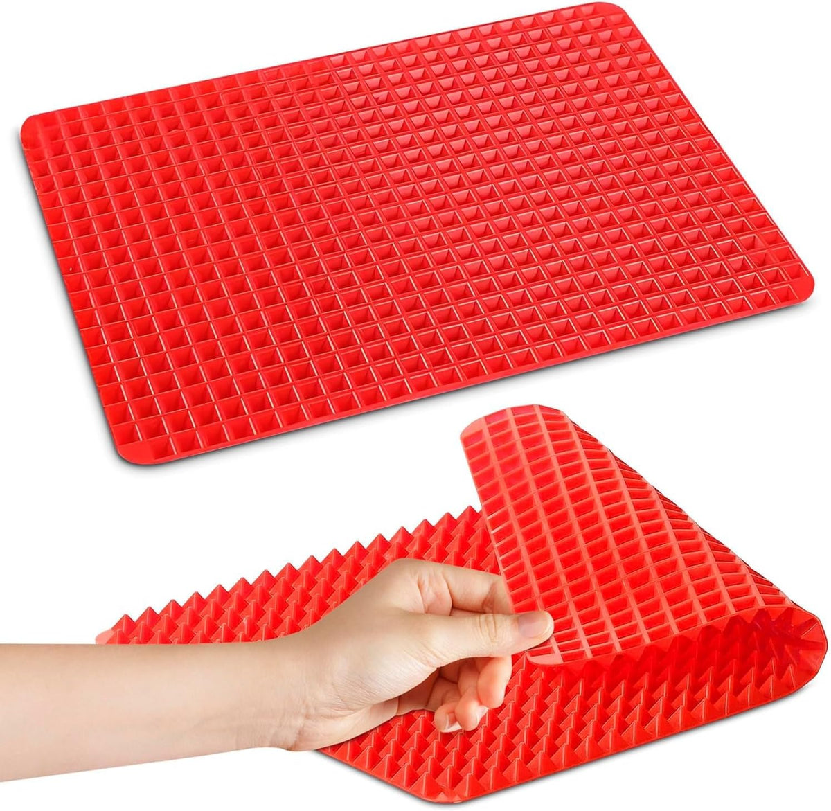Silicone Baking Mat - 16x11.5" Non Stick Silicone Cooking Mat Fat Filtering Red Pyramid Design, for Roasting, BBQ & Pastry Making - Oven and Microwave Bacon Cooker Food Grade, Flexible & Easy-to-Clean