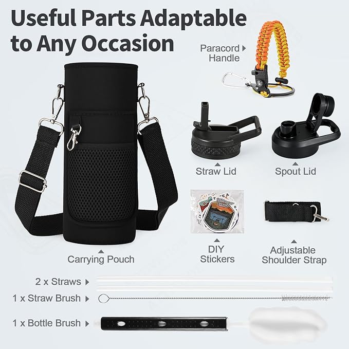40 oz Insulated Water Bottle with Straw (Cold for 48 Hrs), Stainless Steel Triple Wall Vacuum Sports Water Jug, Leakproof Hydro Cup Flask with Paracord Handle & Straw Spout Lids & DIY Stickers