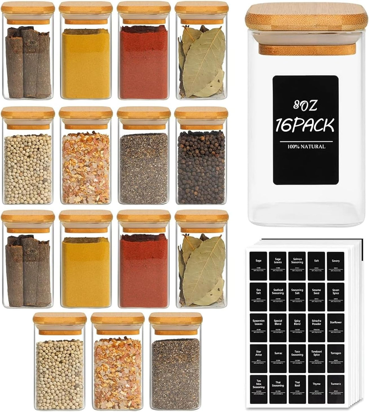 ComSaf Spice Jars with Labels 8 oz 16Pack, Small Spice Containers Starter Set, Glass Seasoning Jars with Lids, Square Seasoning Containers for Salt, Pepper, Chili Powder, Sugar, Loose Tea Storage