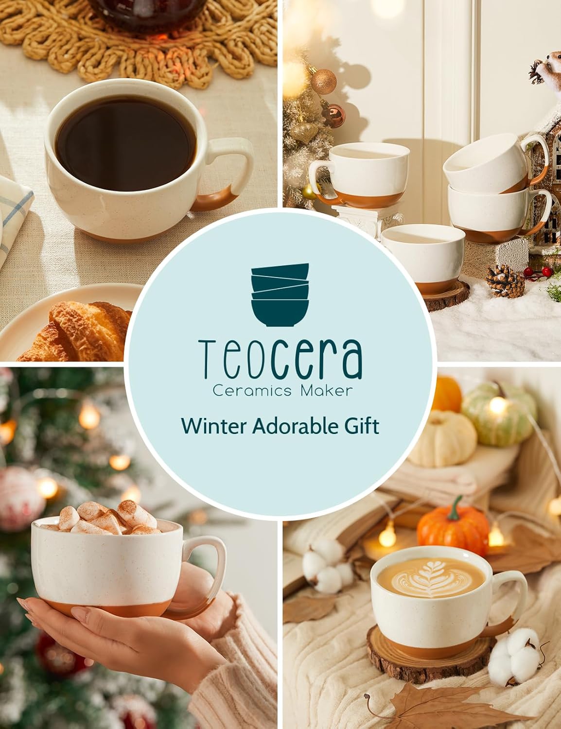 Teocera Beige Coffee Mugs Set of 4, 16 oz Ceramic Coffee Mug, Large Mug Set with Handle for Cold or Hot Drinks like Cocoa, Latte, Milk, Cereal, Durable Porcelain with Nordic Style