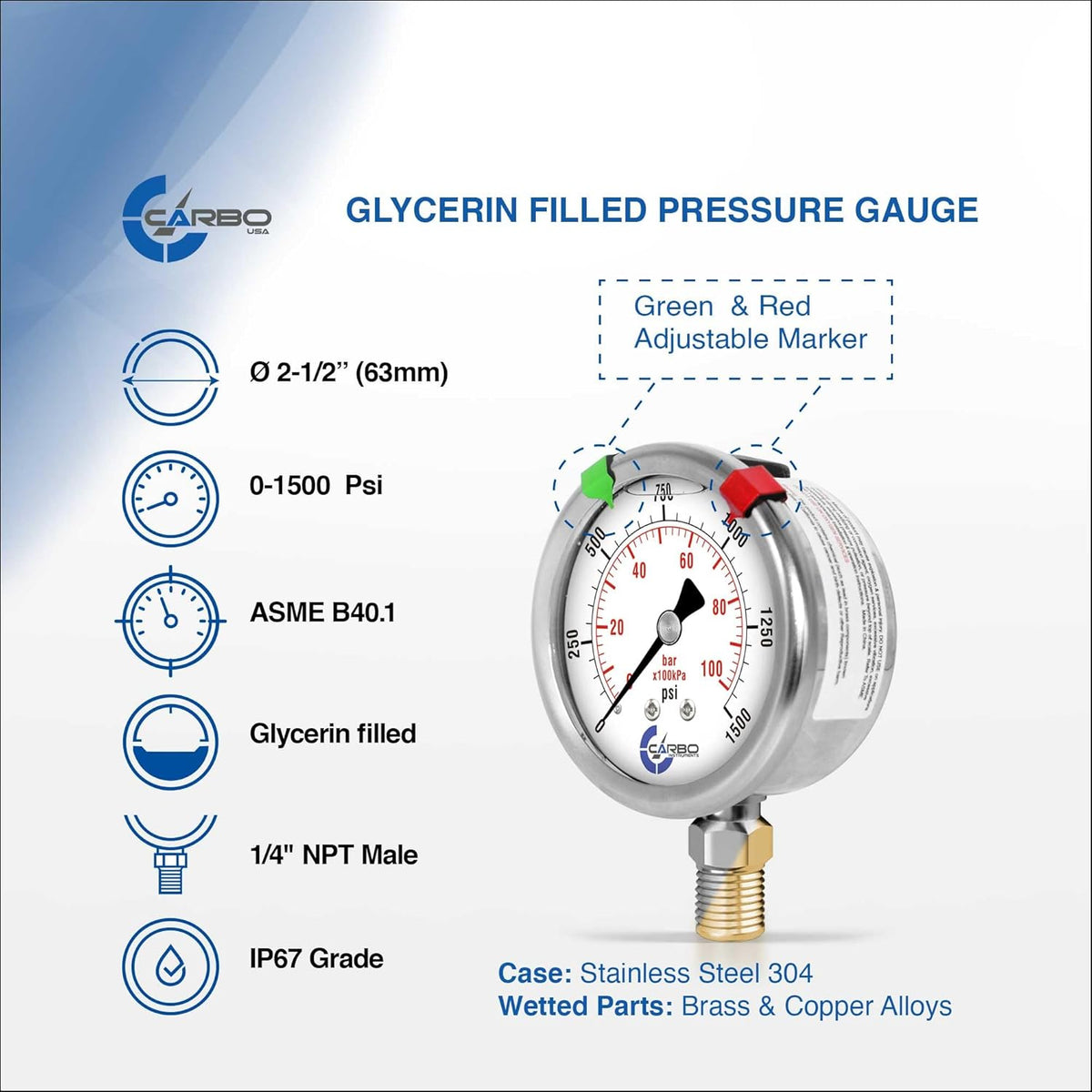 Stainless Steel Pressure Gauge Dual Display (0-1500 psi/kPa) - 2 1-2" Glycerine Liquid Filled Water Air Oil Gas Gauge with Polycarbonate Lens & Brass Connection-1/4 NPT Lower Mount