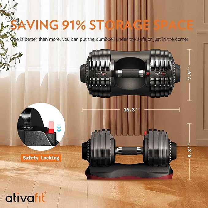 Ativafit 27.5/66/88LBS Pair Adjustable Dumbbell Set with Anti-slip Handle 12 In 1 Quick Dial Adjustment Weights With Safety Locking Button Space Saving Strength Training for Full Body Home Gym Workout