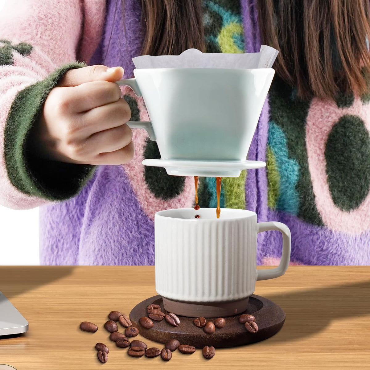 Handmade Pour Over Ceramic Coffee Dripper - Authentic Brewing Experience for Camping, Office, and Home (Blue)