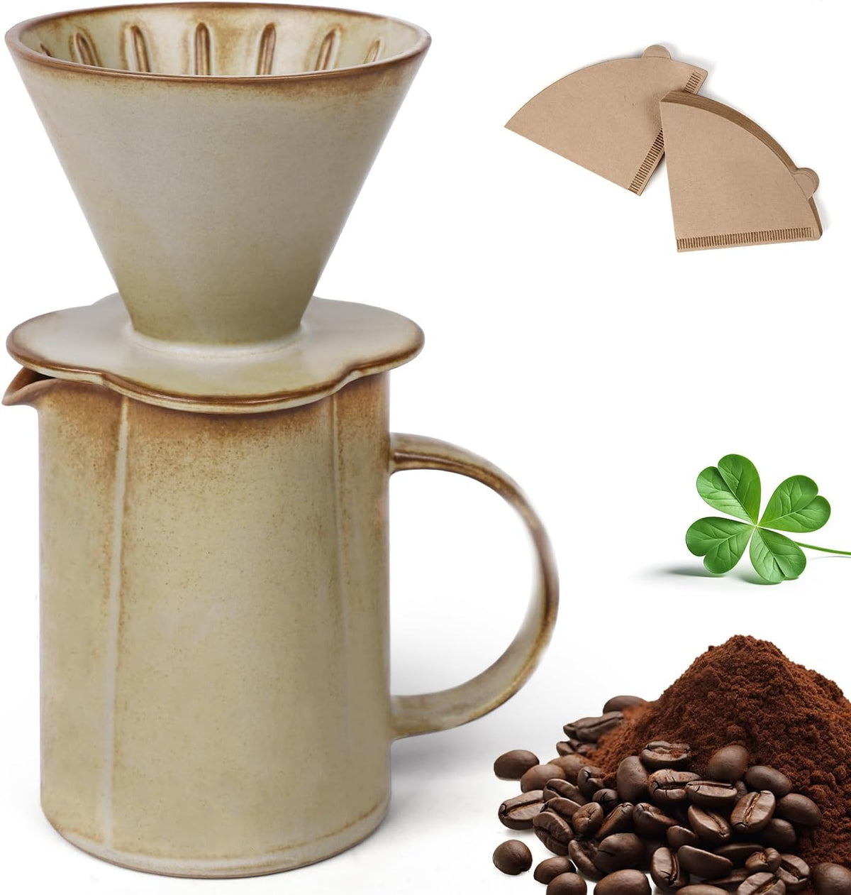 AZYM Pour Over Coffee Maker Set,V60 Coffee Dripper with 20 Count Paper Coffee Filters,Four-Leaf Clover-Shaped Drip Coffee Maker,Vintage Ceramic Carafe,for Home Brewing,Camping,17.5 oz (Yellow)