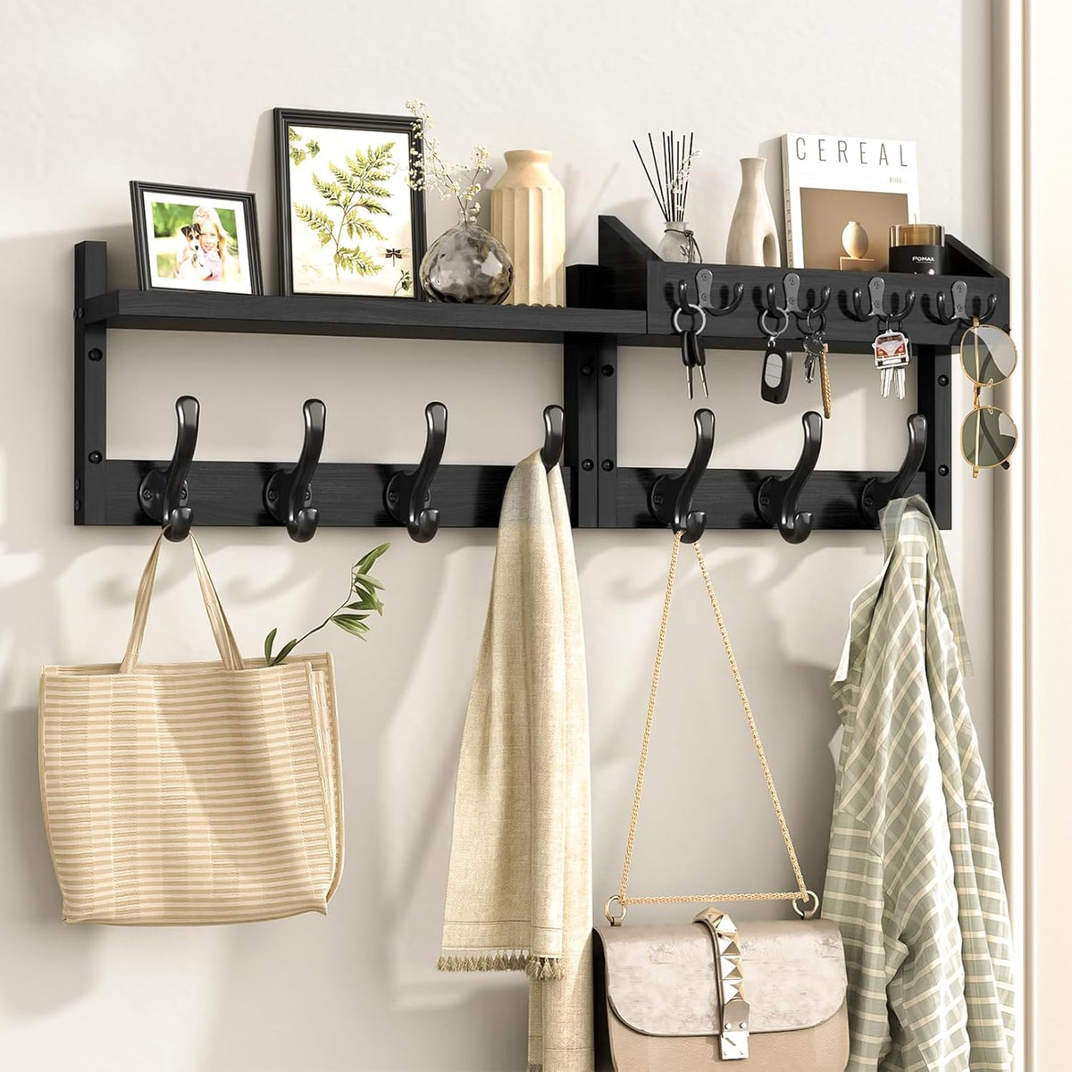 Evermagin 29" Coat Rack Wall Mount with Shelf, 4 in 1 Wall Mounted Coat and Key Hanger with 11 Hooks, Entryway Key Holder with Mail Holder for Living Room, Bedroom, Black