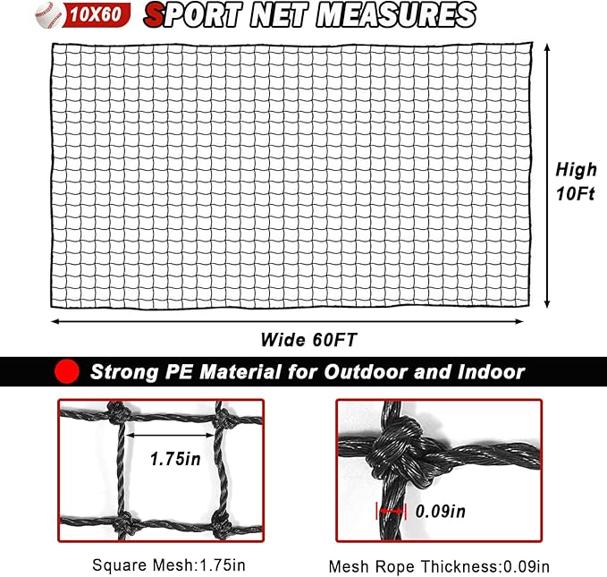 Baseball Softball Backstop Nets,Sports Net,Sports Netting Barrier,Sports Netting for Backyard,Twisted Knotted PE Net