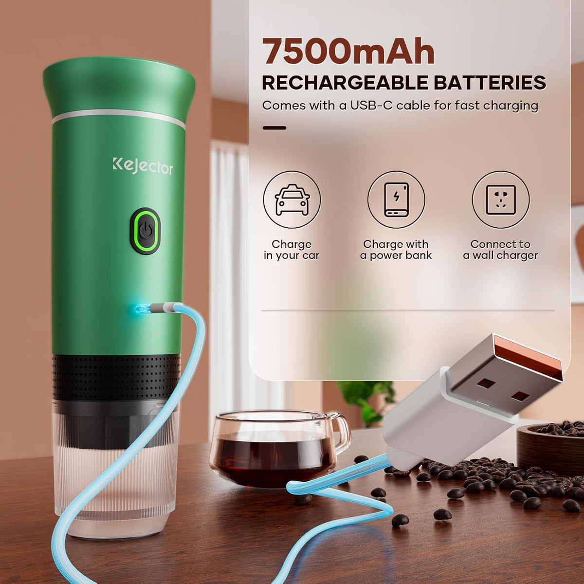 kejector Portable Coffee Maker Espresso Machine for Travel Nano Car Coffee Maker Compatible with Ground Coffee & Capsule for RV, Hiking Camping Office, Travel Espresso Maker Electric Green