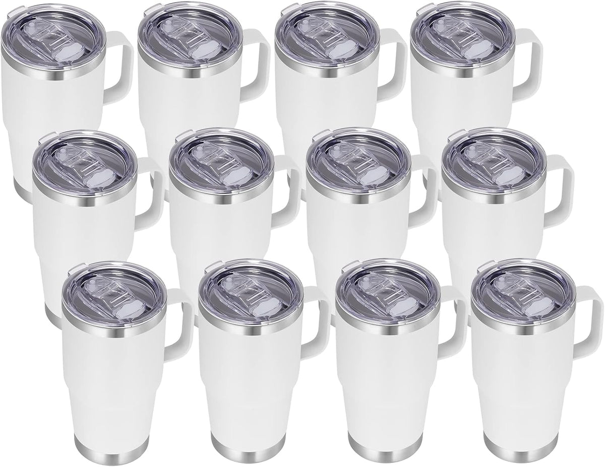 VEGOND 20 oz Tumbler Bulk with Handle Lid and Straw, Stainless Steel Insulated Travel Coffee Mug Set, Spill Proof Double Wall Metal Tumblers Cups, New White 12 Pack